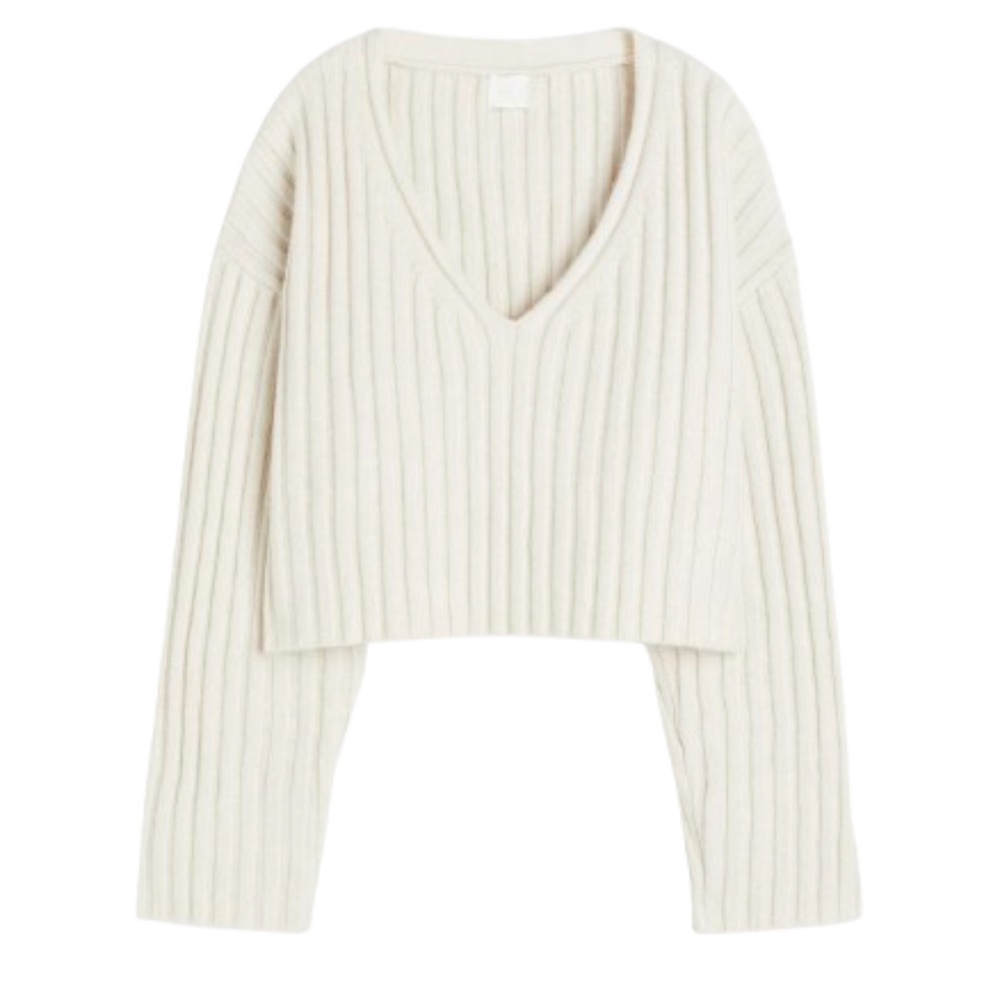H&M Deep V-neck Rib-Knit Sweater S Ivory NWT